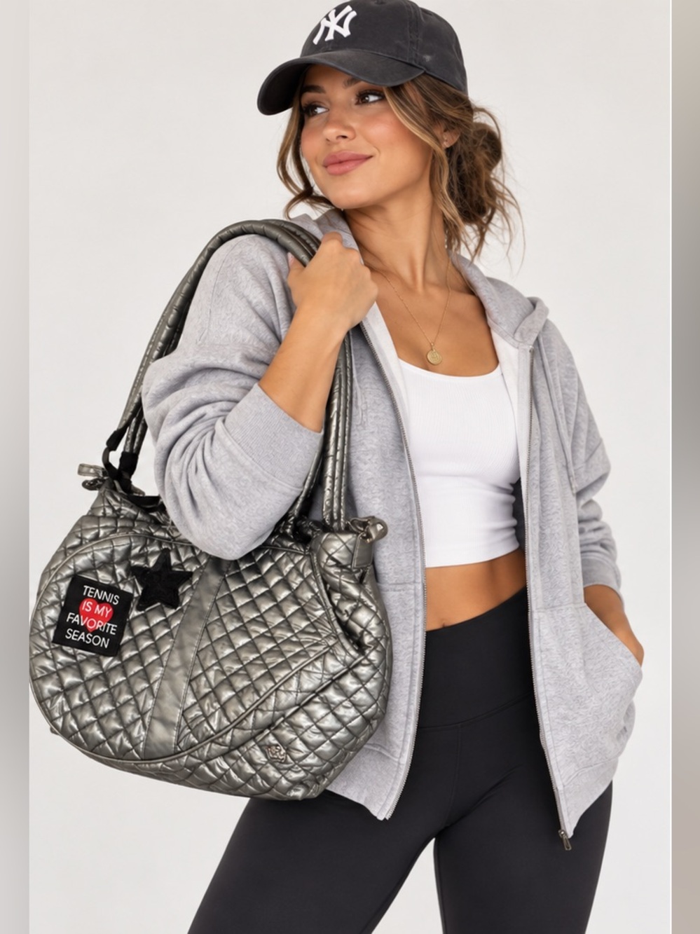 Oliver Thomas Metallic Silver Quilted Sporty Tennis Tote Bag